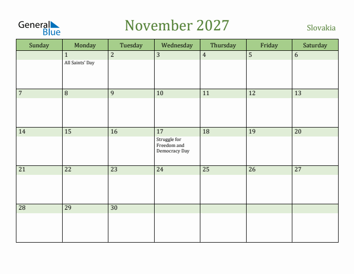 November 2027 Calendar with Slovakia Holidays