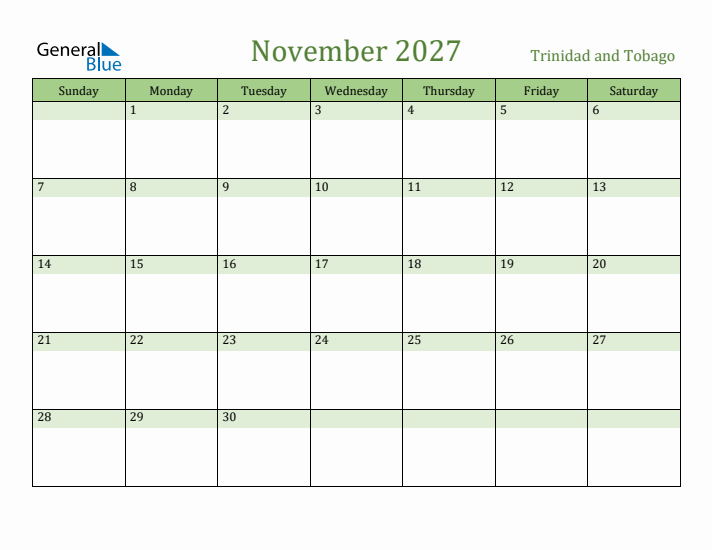 November 2027 Calendar with Trinidad and Tobago Holidays