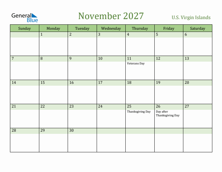 November 2027 Calendar with U.S. Virgin Islands Holidays