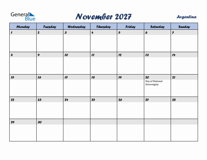 November 2027 Calendar with Holidays in Argentina
