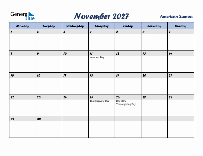 November 2027 Calendar with Holidays in American Samoa