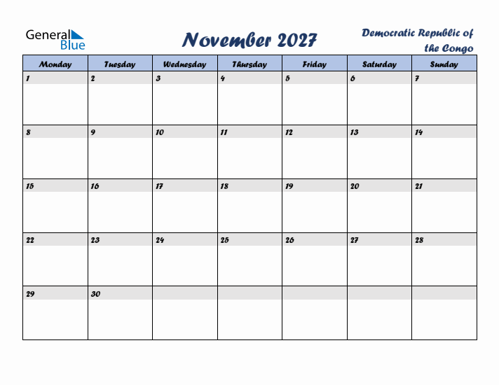 November 2027 Calendar with Holidays in Democratic Republic of the Congo