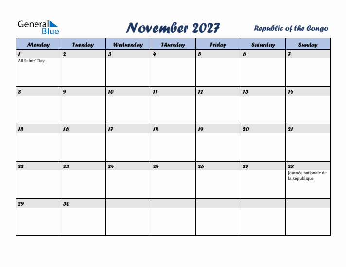November 2027 Calendar with Holidays in Republic of the Congo