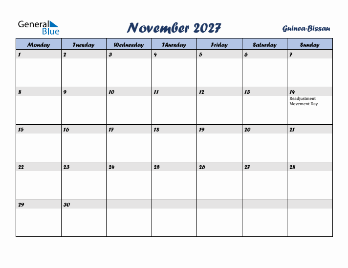 November 2027 Calendar with Holidays in Guinea-Bissau