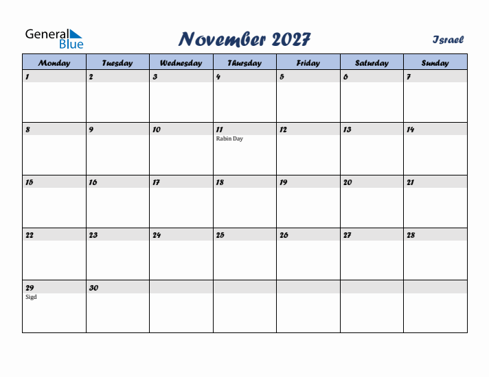 November 2027 Calendar with Holidays in Israel