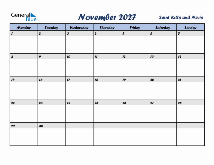 November 2027 Calendar with Holidays in Saint Kitts and Nevis