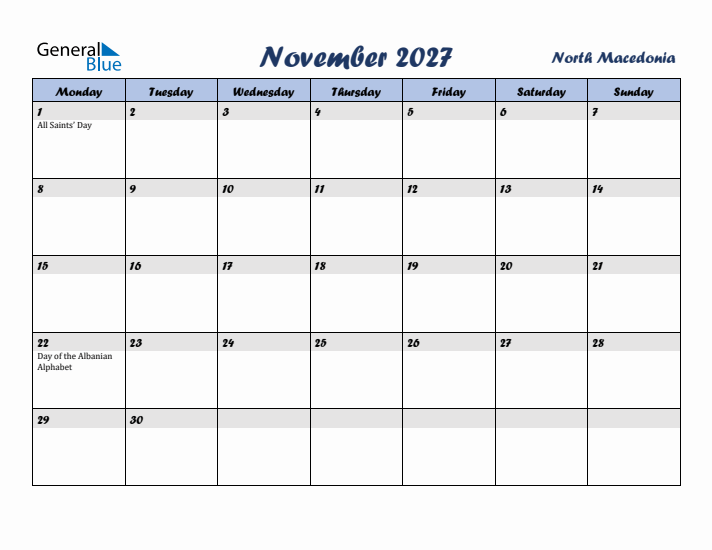November 2027 Calendar with Holidays in North Macedonia