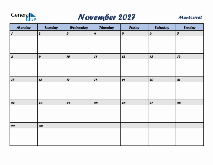 November 2027 Calendar with Holidays in Montserrat