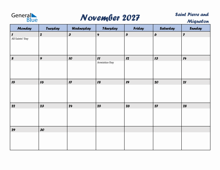 November 2027 Calendar with Holidays in Saint Pierre and Miquelon