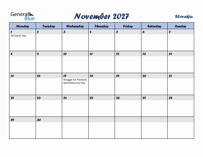 November 2027 Calendar with Holidays in Slovakia