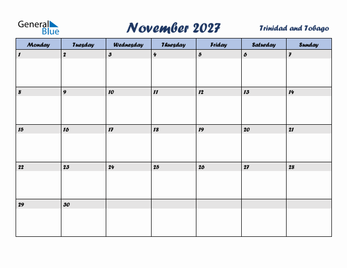 November 2027 Calendar with Holidays in Trinidad and Tobago