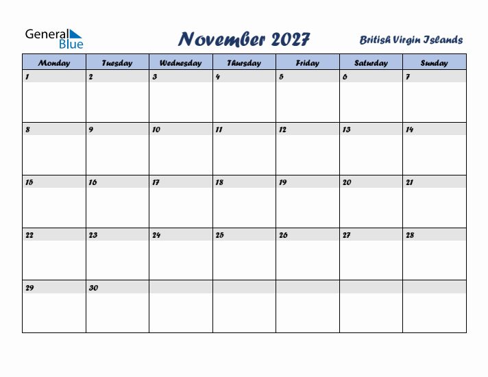 November 2027 Calendar with Holidays in British Virgin Islands