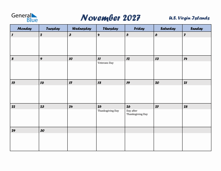 November 2027 Calendar with Holidays in U.S. Virgin Islands