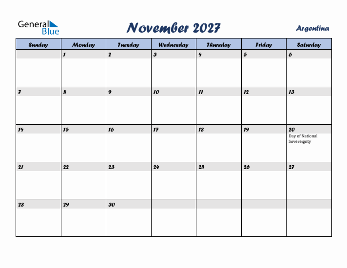 November 2027 Calendar with Holidays in Argentina