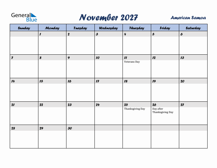 November 2027 Calendar with Holidays in American Samoa