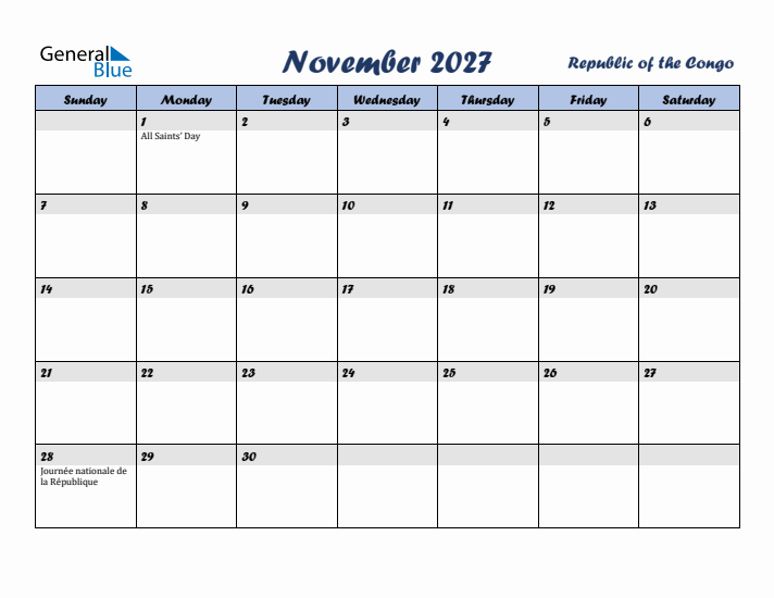 November 2027 Calendar with Holidays in Republic of the Congo