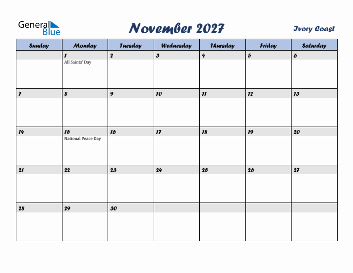 November 2027 Calendar with Holidays in Ivory Coast