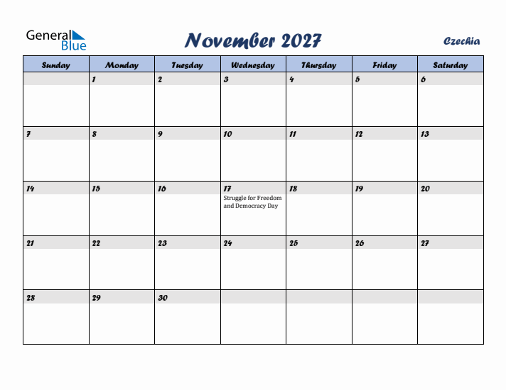 November 2027 Calendar with Holidays in Czechia