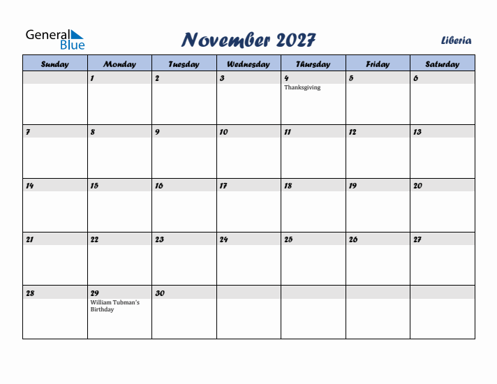 November 2027 Calendar with Holidays in Liberia