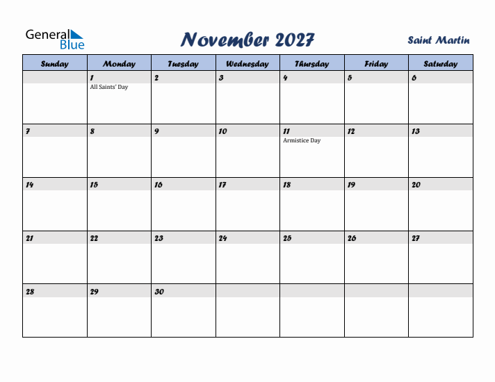 November 2027 Calendar with Holidays in Saint Martin