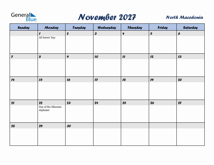 November 2027 Calendar with Holidays in North Macedonia