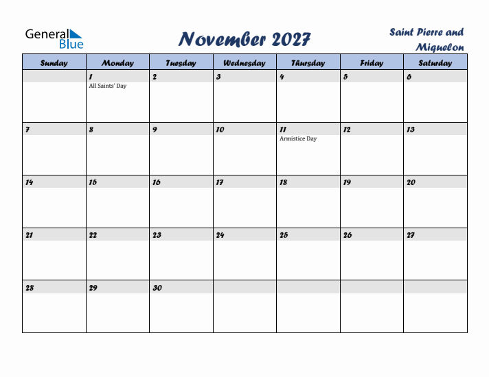 November 2027 Calendar with Holidays in Saint Pierre and Miquelon