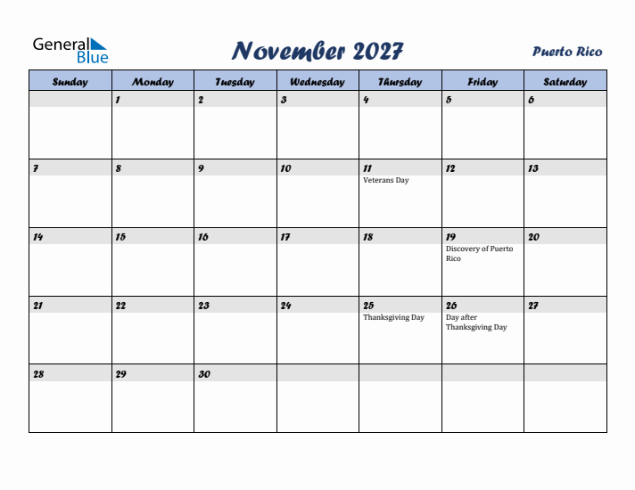 November 2027 Calendar with Holidays in Puerto Rico