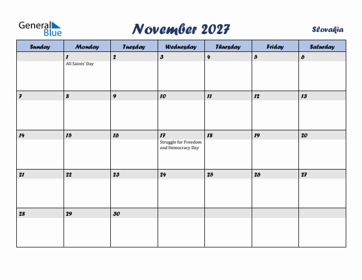 November 2027 Calendar with Holidays in Slovakia
