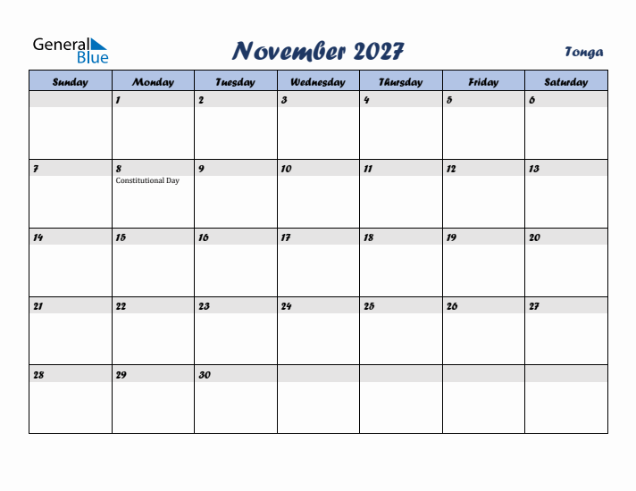 November 2027 Calendar with Holidays in Tonga