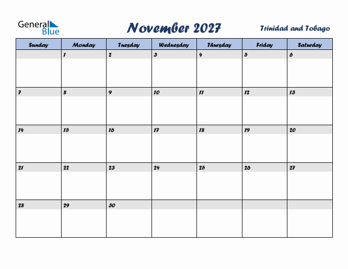 November 2027 Calendar with Holidays in Trinidad and Tobago