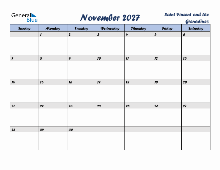 November 2027 Calendar with Holidays in Saint Vincent and the Grenadines
