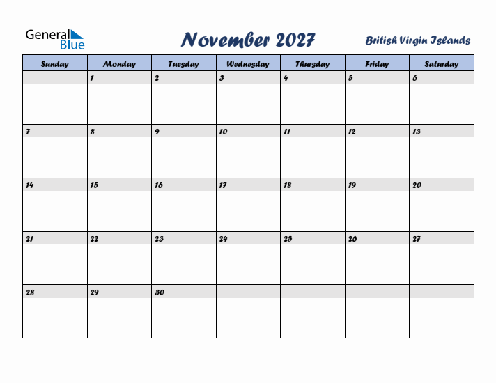 November 2027 Calendar with Holidays in British Virgin Islands