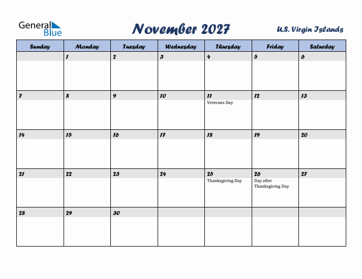 November 2027 Calendar with Holidays in U.S. Virgin Islands