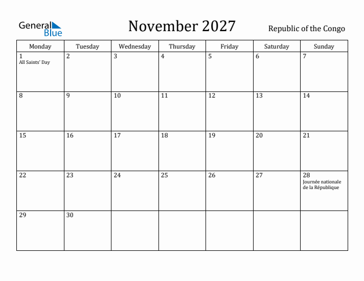 November 2027 Calendar Republic of the Congo