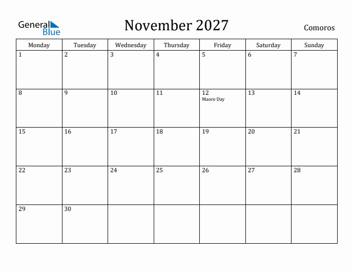 November 2027 Calendar Comoros