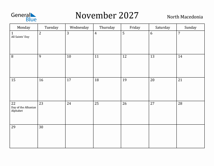 November 2027 Calendar North Macedonia