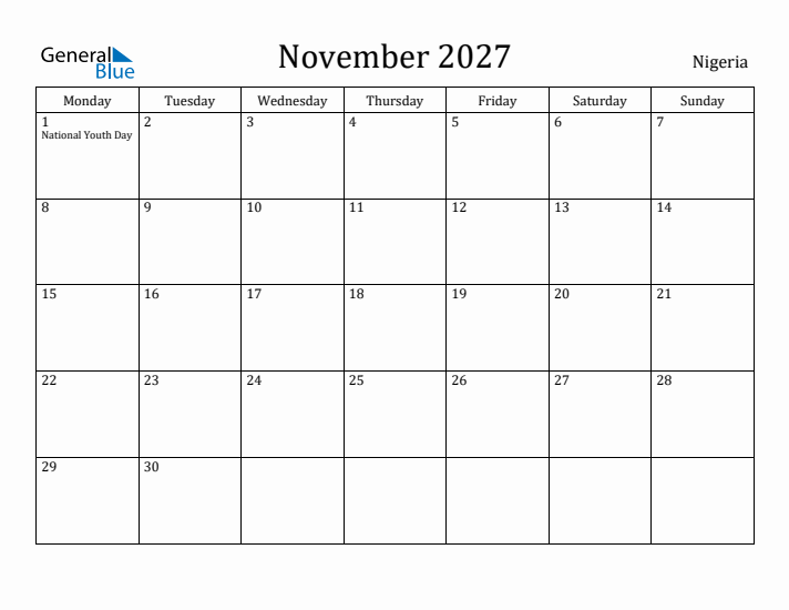 November 2027 Calendar Nigeria