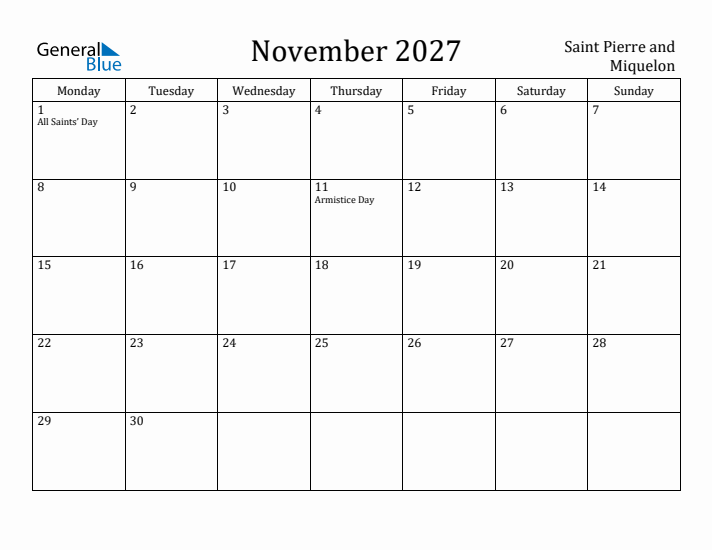 November 2027 Calendar Saint Pierre and Miquelon