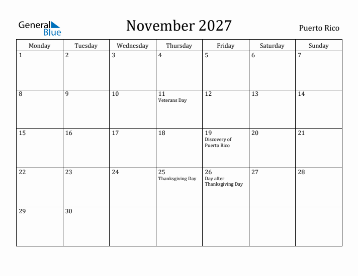 November 2027 Calendar Puerto Rico