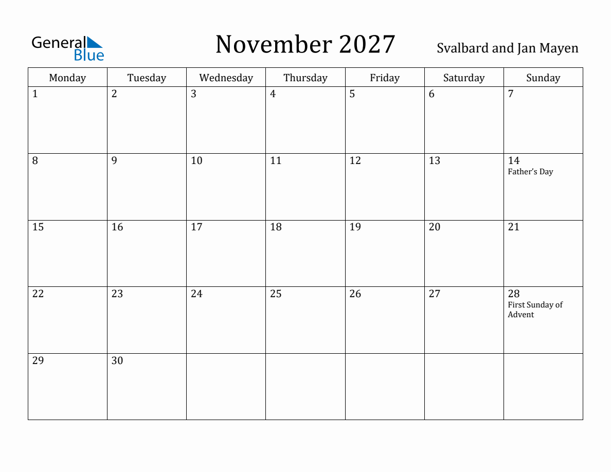 November 2027 - Svalbard and Jan Mayen Monthly Calendar with Holidays