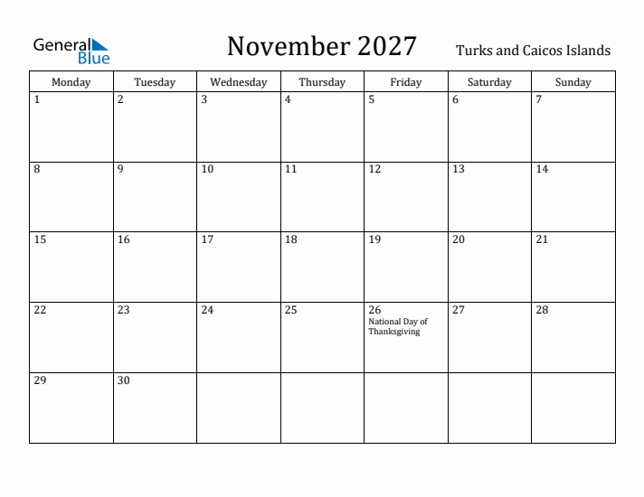 November 2027 Calendar Turks and Caicos Islands