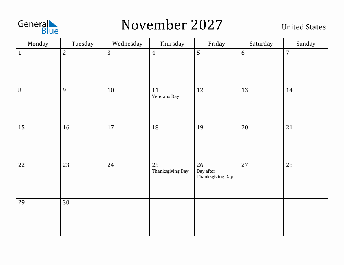 November 2027 Monthly Calendar With United States Holidays Monday Start November 2027 Monthly Calendar With United States Holidays Monday Start