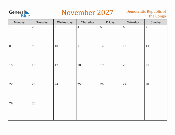 November 2027 Holiday Calendar with Monday Start