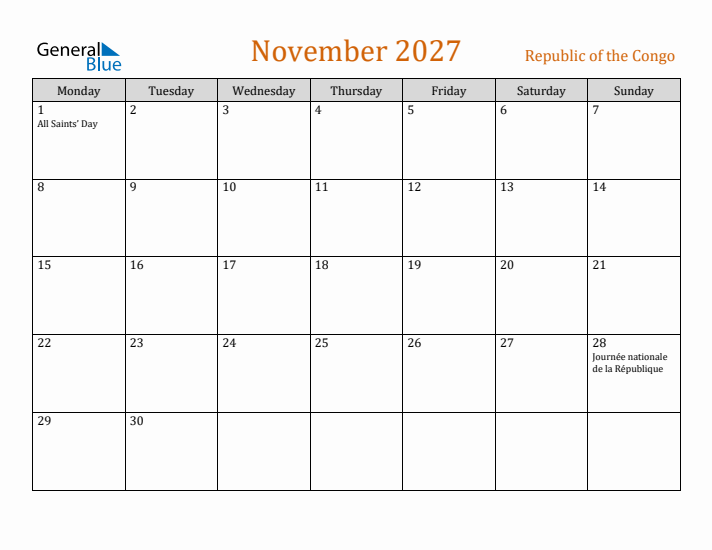 November 2027 Holiday Calendar with Monday Start