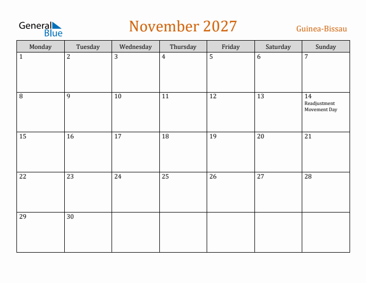 November 2027 Holiday Calendar with Monday Start