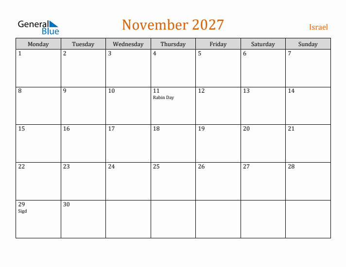November 2027 Holiday Calendar with Monday Start