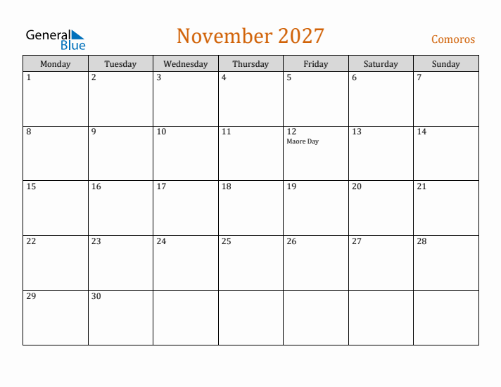 November 2027 Holiday Calendar with Monday Start