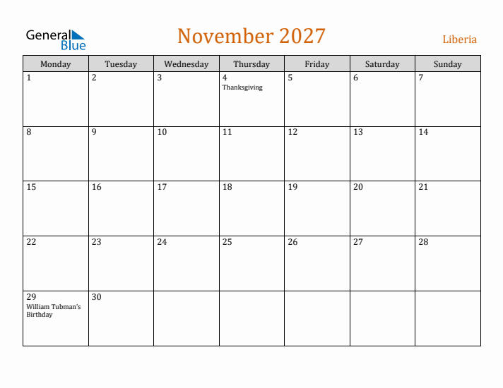 November 2027 Holiday Calendar with Monday Start