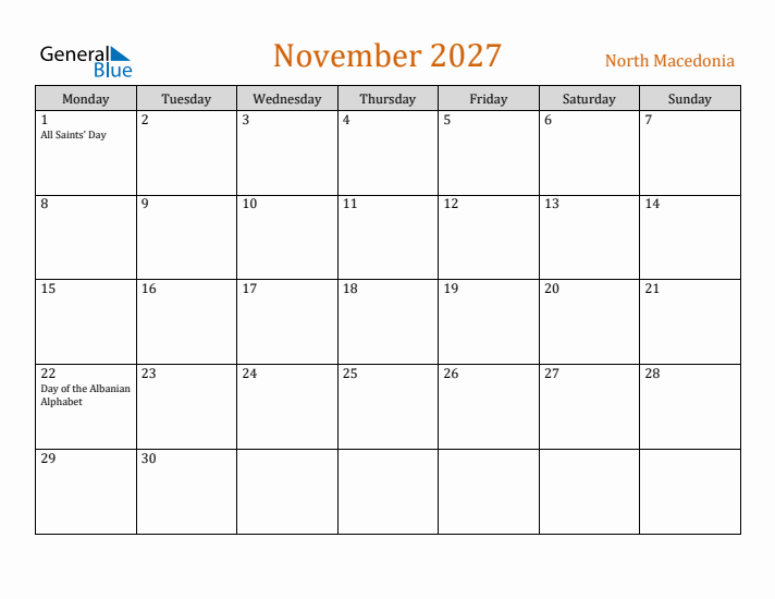November 2027 Holiday Calendar with Monday Start