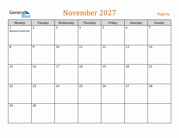November 2027 Holiday Calendar with Monday Start